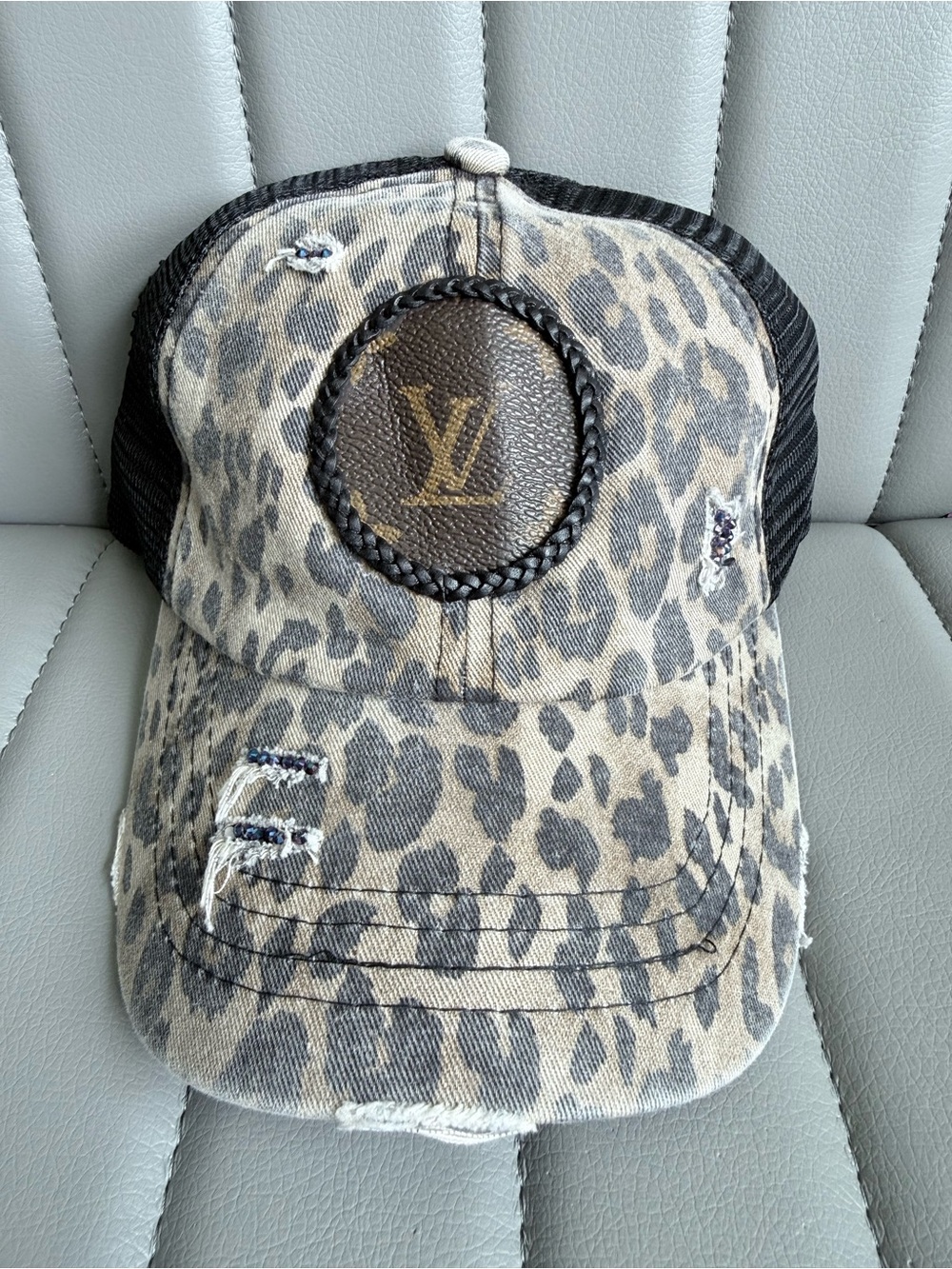 Distressed Leopard Print Cap Upcycled Louis Vuitton High Pony Tail Hat Crystals
